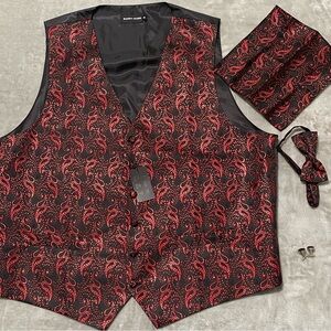 NWT Barry Wang Red Black Paisley Vest Set 3XL with Cummerbund Bowtie Cufflinks